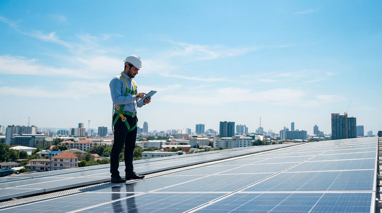 green energy, solar panels, solar power, engineer, construction, rooftop, worker, architect, city, skyline, technology, tablet, project, professional, industry, hard hat, safety, building, planning, infrastructure, architecture, urban, management, site, inspection, ai generated